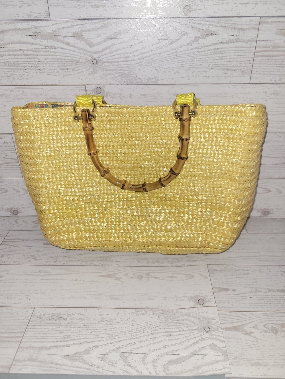 Jennifer Moore Woven Yellow Straw Tote Bag with Bamboo Handles Handbag Purse